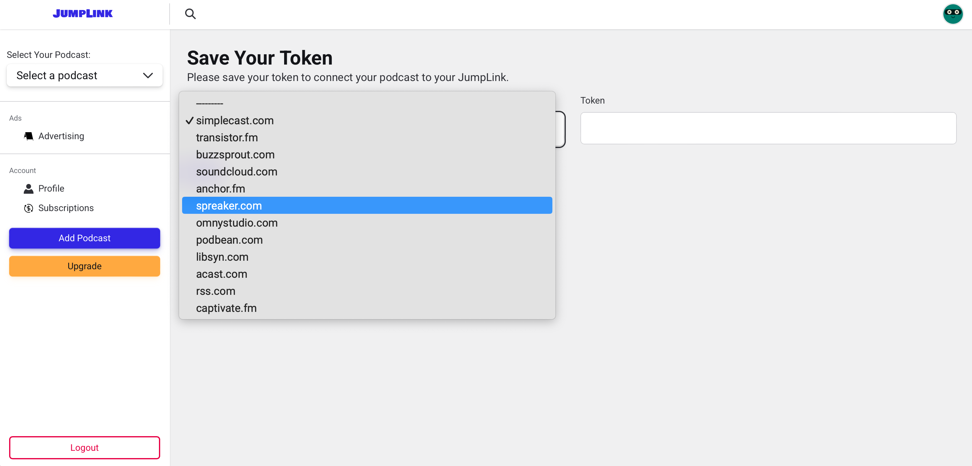 JumpLink Dashboard View of connecting your podcast host.