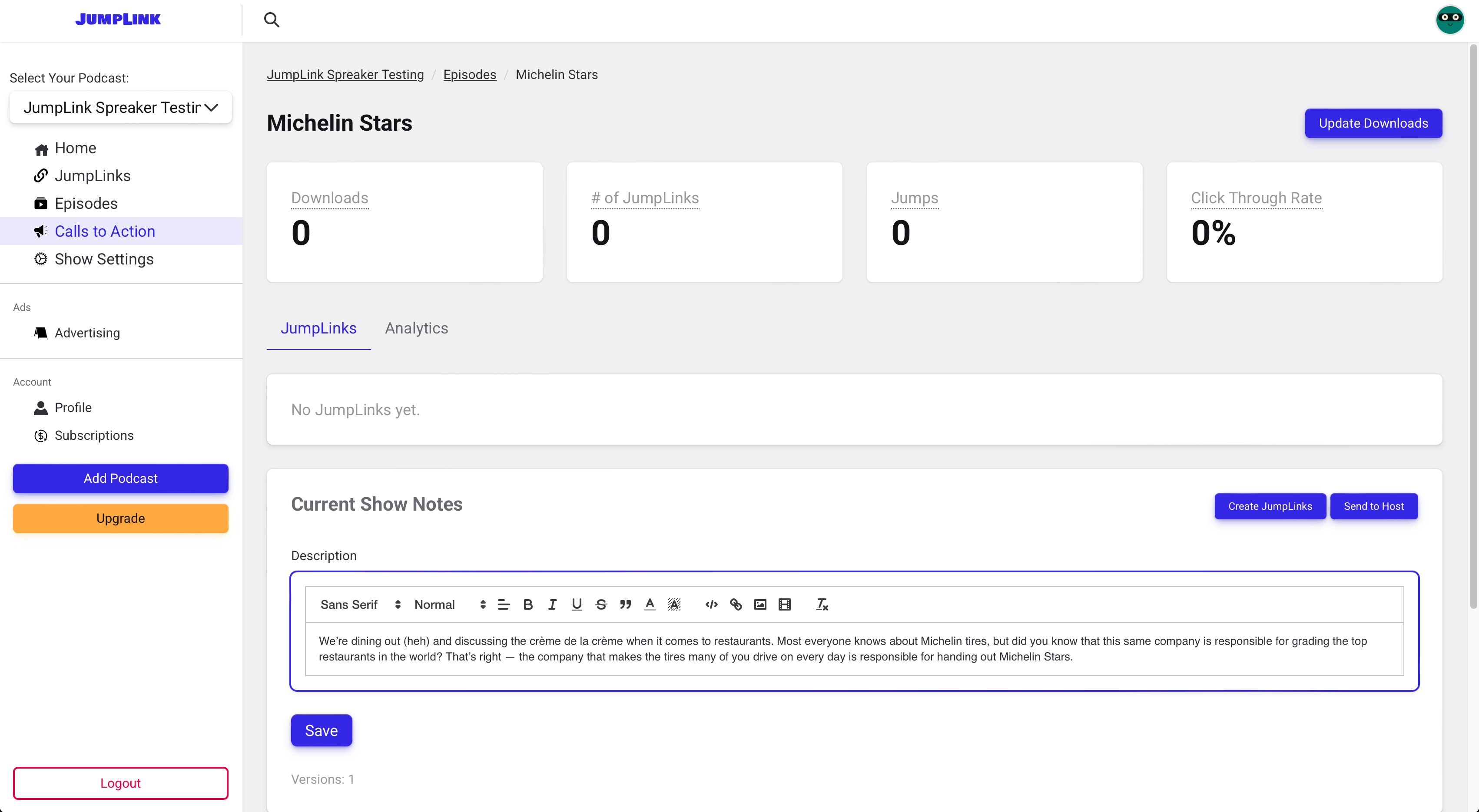 JumpLink Dashboard View.